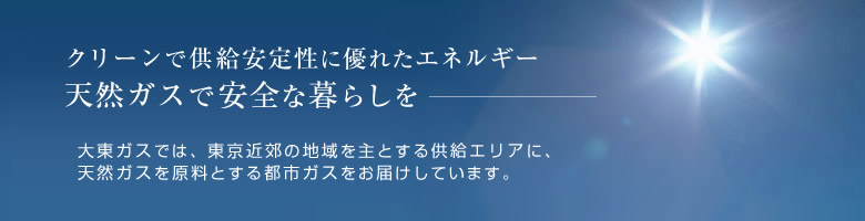 「クリーンで供給安定性に優れたエネルギー　天然ガスで安全な暮らしを」大東ガスでは、東京近郊の地域を主とする供給エリアに、天然ガスを原料とする都市ガスをお届けしています。